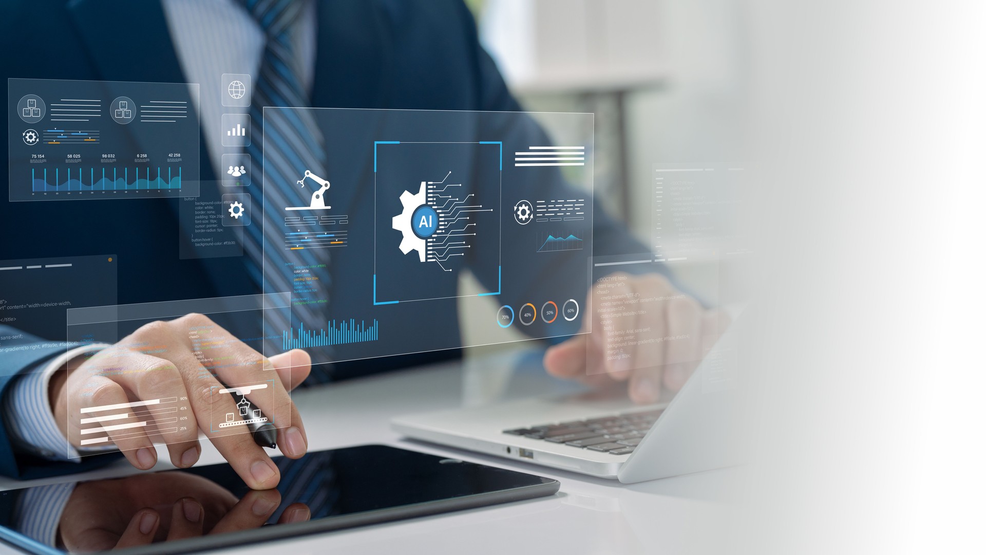 AI Automation and Robotic Process Optimization for Data Driven Business Growth. A businessman working with AI system, displaying machine learning, predictive analytics, and industrial automation.